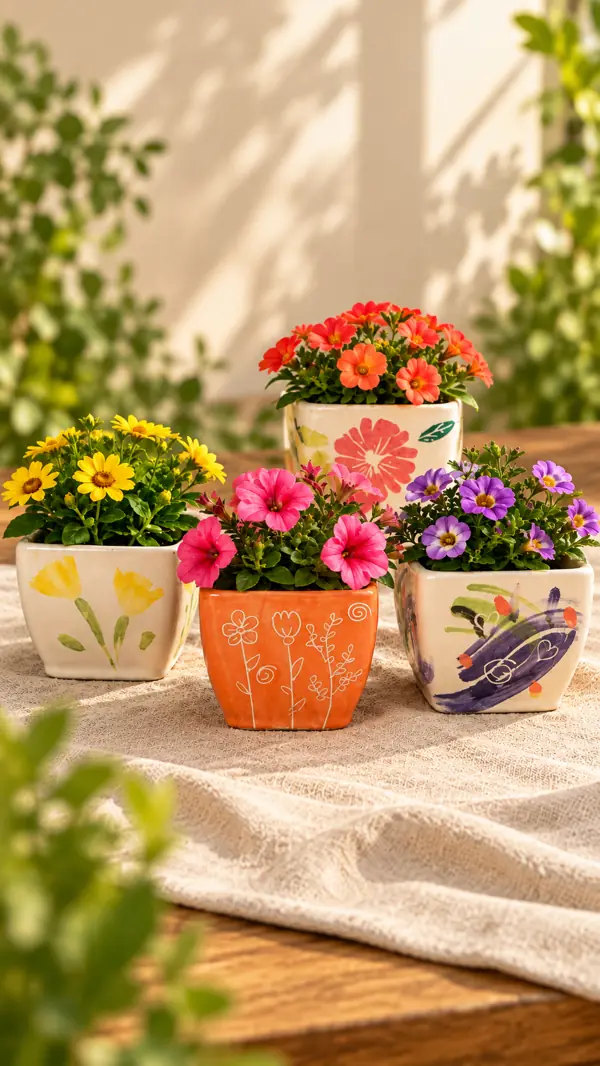 Composición visual aportada con macetas decoradas y flores de colores